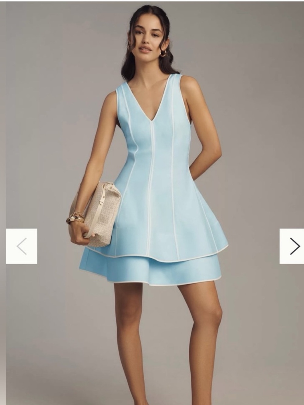 Maeve Linen Blend Blue V‑Neck Layered Hem Mini Dress